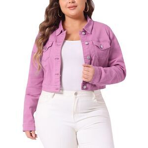 Plus Size Button Closed Cropped Stitching Denim Jackets Dark Pink